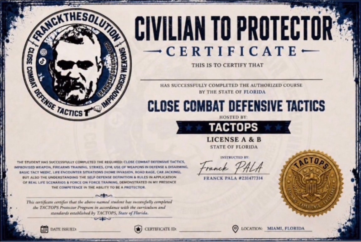 Civilian To Protector certificate - TACT OPS, Close Combat Defensive Tactics, signed by Franck Pala