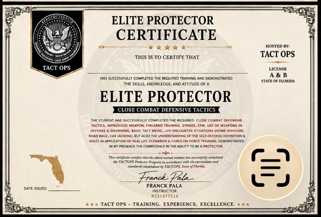 Elite Protector certificate - TACT OPS, Close Combat Defensive Tactics, signed by Franck Pala