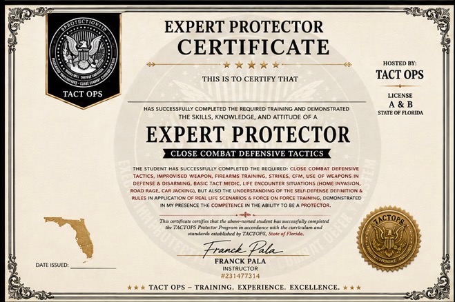 Expert Protector certificate - TACT OPS, Close Combat Defensive Tactics, signed by Franck Pala