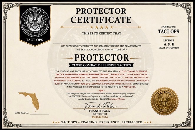 Protector certificate - TACT OPS, Close Combat Defensive Tactics, signed by Franck Pala